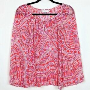 Trina Turk Silk Blend Printed Peasant Blouse keyhole neck relaxed semi sheer M